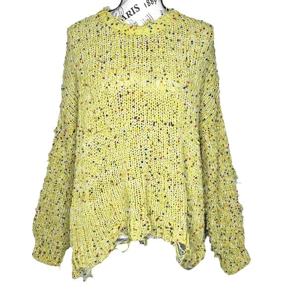 La Miel (M/L) Lime Oversized Loop Knit Sweater Raw Hem Distressed Boho Pullover - Picture 1 of 13